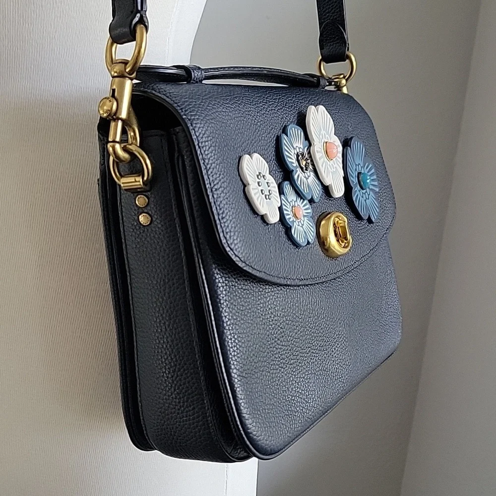 Navy Floral Appliqué Leather Shoulder Bag - Picture 5 of 15